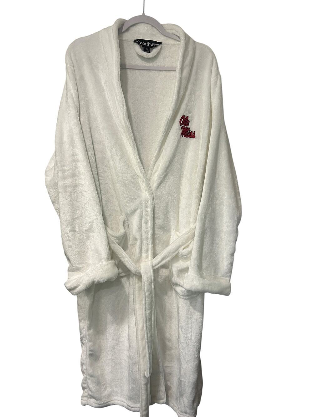Ole Miss Plush Fleece Bath Robe White Shawl Collar Belted L/XL NCAA Soft